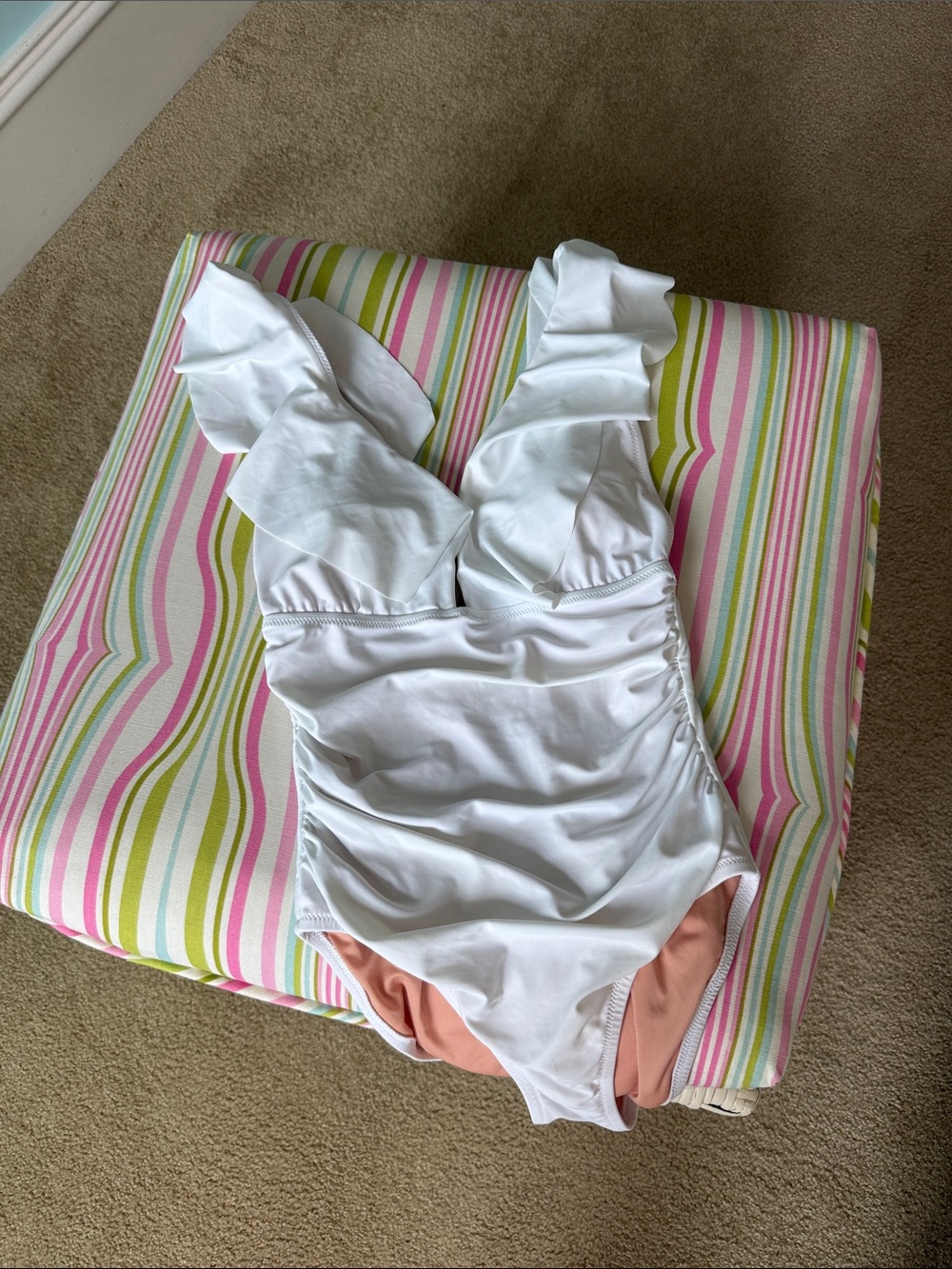 J Crew White Ruffle V Neck Swimsuit Size 4